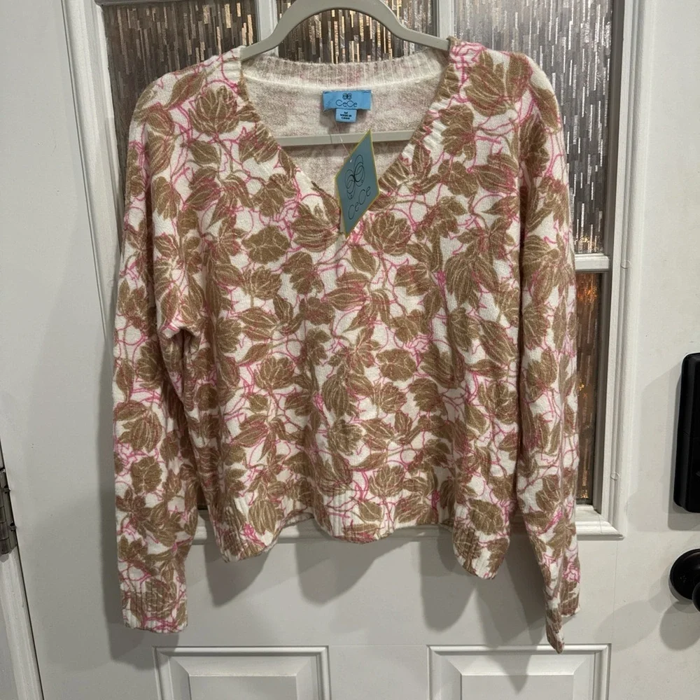 CeCe Women Medium V-Neck Sweater Soft Knit Beige Pink Leaf Pattern Pullover NWT - Picture 2 of 12
